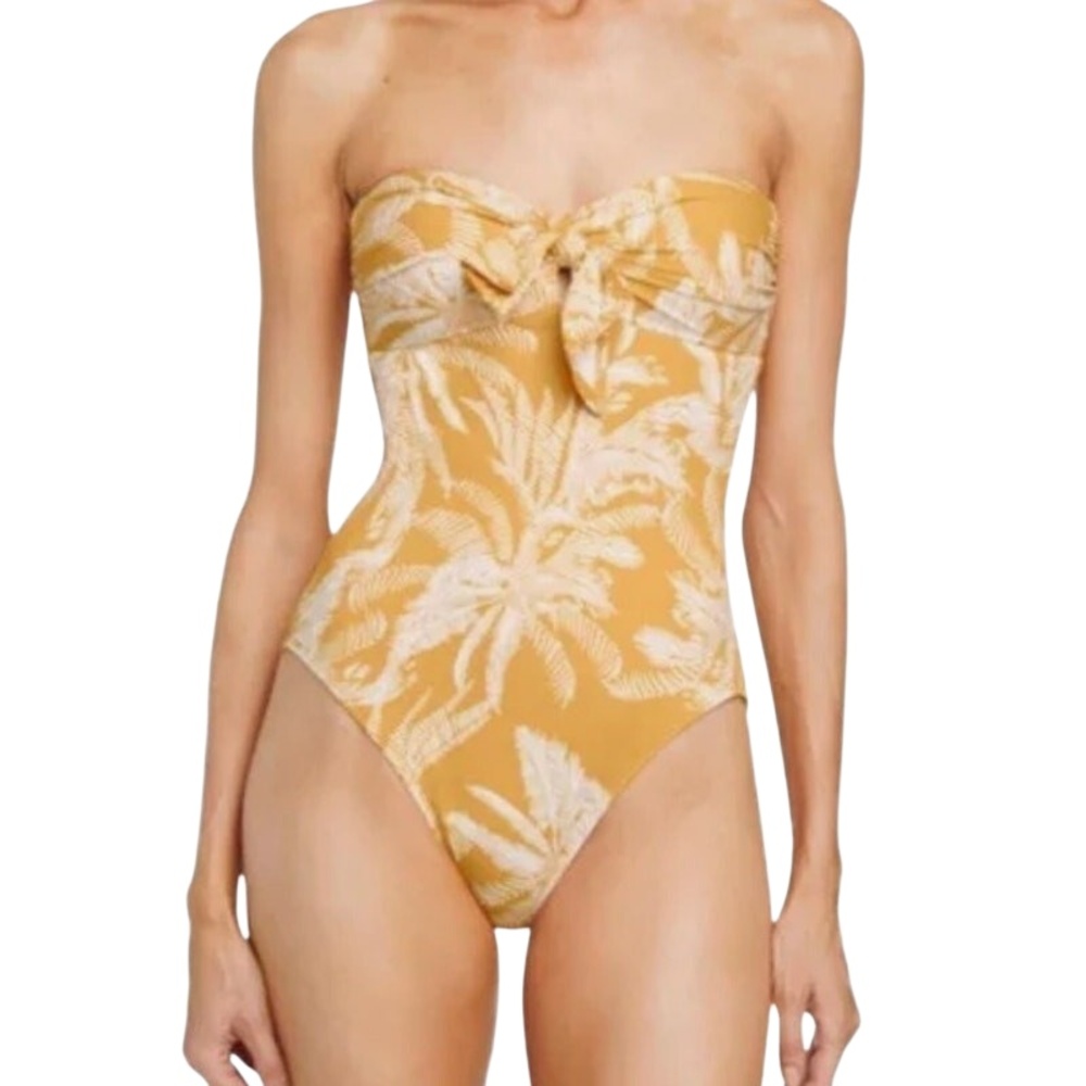 Robin Piccone Yellow Palm Print Strapless One-Piece Swimsuit
